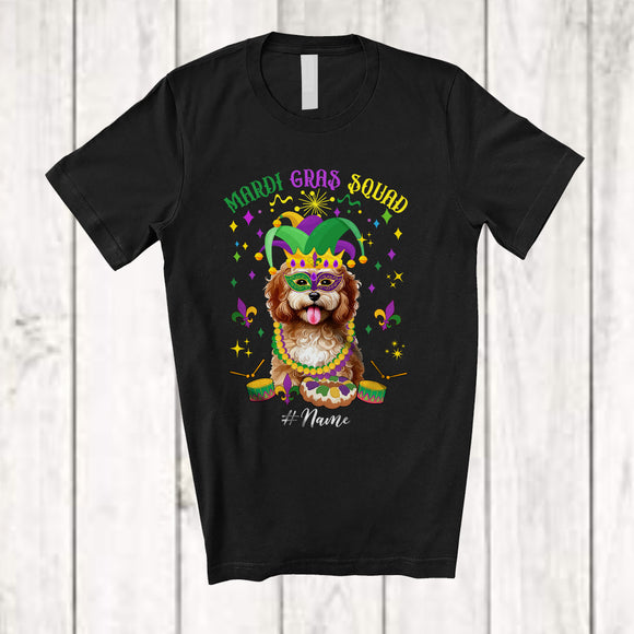 MacnyStore - Personalized Mardi Gras Squad; Adorable Custom Name Cockapoo Face; Masked Jester Hat T-Shirt