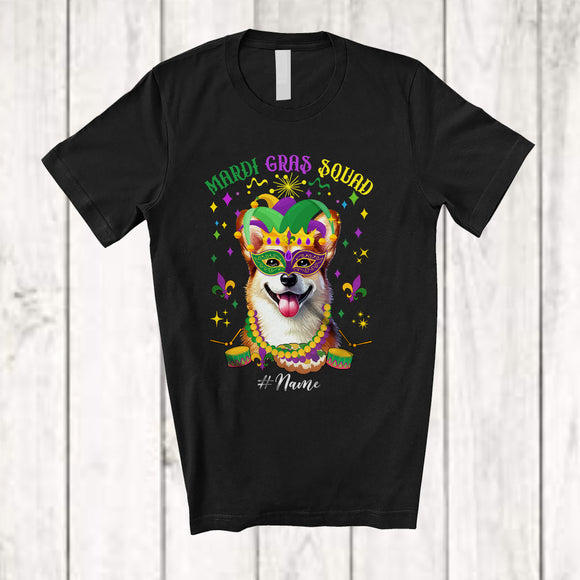 MacnyStore - Personalized Mardi Gras Squad; Adorable Custom Name Corgi Face; Masked Jester Hat T-Shirt