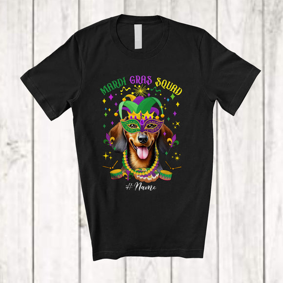 MacnyStore - Personalized Mardi Gras Squad; Adorable Custom Name Dachshund Face; Masked Jester Hat T-Shirt