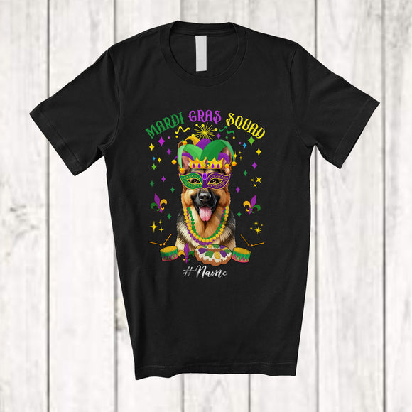 MacnyStore - Personalized Mardi Gras Squad; Adorable Custom Name German Shepherd Face; Masked Beads T-Shirt