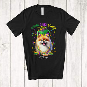 MacnyStore - Personalized Mardi Gras Squad; Adorable Custom Name Pomeranian Face; Masked Jester Hat T-Shirt