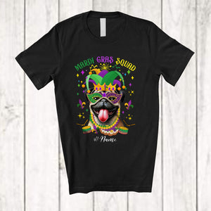 MacnyStore - Personalized Mardi Gras Squad; Adorable Custom Name Pug Face; Masked Jester Hat T-Shirt