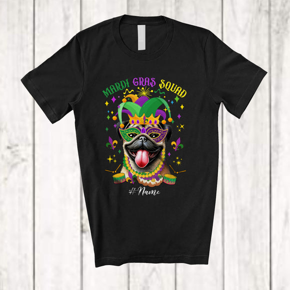 MacnyStore - Personalized Mardi Gras Squad; Adorable Custom Name Pug Face; Masked Jester Hat T-Shirt