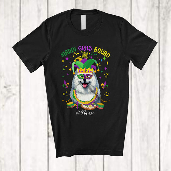 MacnyStore - Personalized Mardi Gras Squad; Adorable Custom Name Samoyed Face; Masked Jester Hat T-Shirt