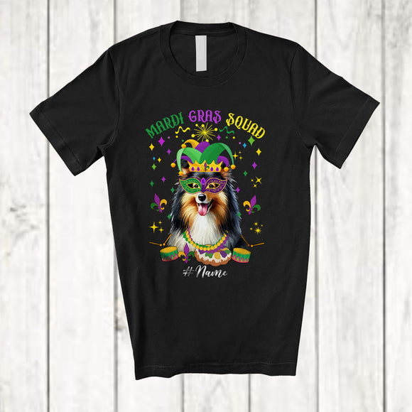 MacnyStore - Personalized Mardi Gras Squad; Adorable Custom Name Shelties Face; Masked Jester Hat T-Shirt