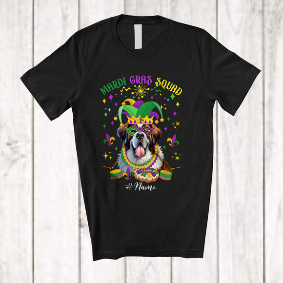 MacnyStore - Personalized Mardi Gras Squad; Adorable Custom Name St. Bernard Face; Masked Jester Hat T-Shirt