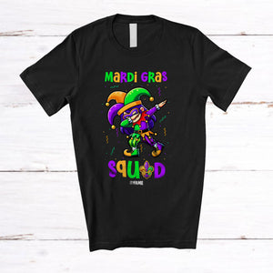 MacnyStore - Personalized Mardi Gras Squad; Cheerful Custom Name Dabbing Girl Wearing Jester Hat; Parades T-Shirt