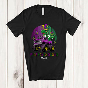 MacnyStore - Personalized Mardi Gras Squad; Lovely Mardi Gras T-Rex On Monster Truck; Custom Name Parades T-Shirt