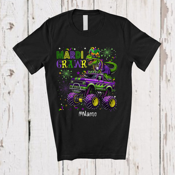 MacnyStore - Personalized Mardi Grawr; Joyful Mardi Gras Custom Name T-Rex On Monster Truck Beads T-Shirt