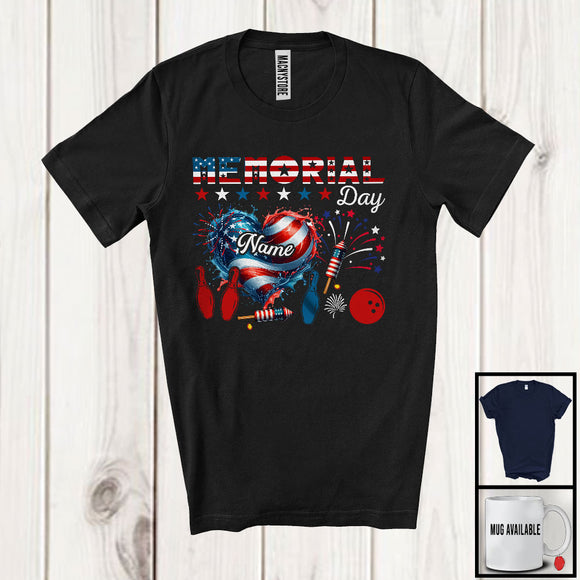 MacnyStore - Personalized Memorial Day, Proud USA Flag Heart Bowling Patriotic, Sport Player Custom Name T-Shirt