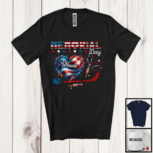 MacnyStore - Personalized Memorial Day, Proud USA Flag Heart Hockey Patriotic, Sport Player Custom Name T-Shirt