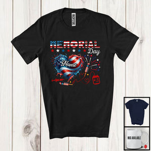 MacnyStore - Personalized Memorial Day, Proud USA Flag Heart Phlebotomist Tools, Custom Name Phlebotomist Group T-Shirt