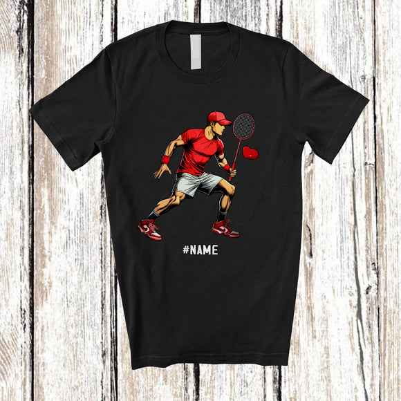 MacnyStore - Personalized Men Playing Badminton Hit Heart Away; Joyful Valentine Cusotm Name Sport Player T-Shirt