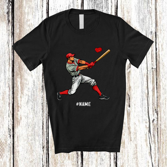 MacnyStore - Personalized Men Playing Baseball Softball Hit Heart Away; Joyful Valentine Cusotm Name Sport Player T-Shirt