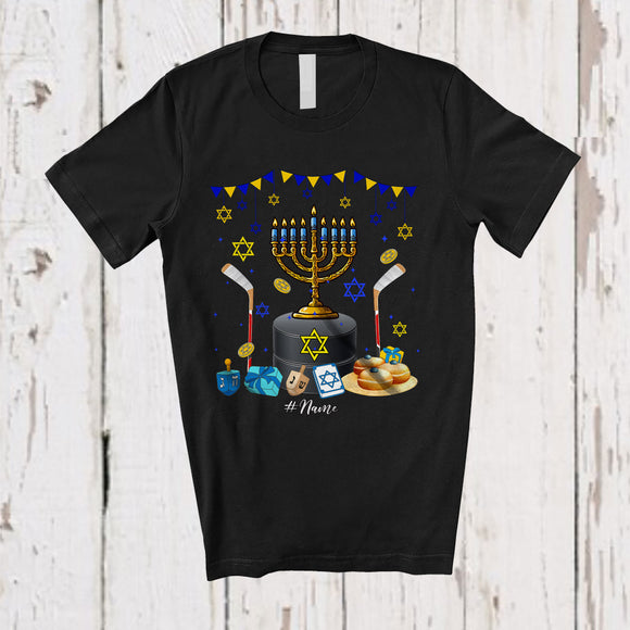 MacnyStore - Personalized Menorah With Hockey Stick; Amazing Hanukkah Custom Name Sport Player Team T-Shirt