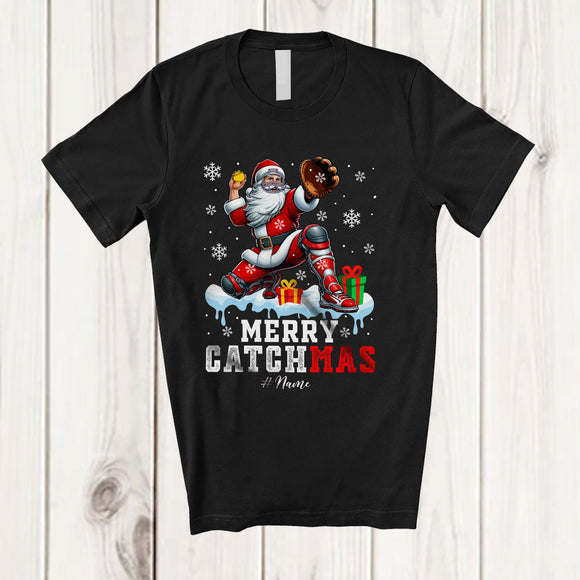 MacnyStore - Personalized Merry Catchmas; Fantastic Christmas Custom Name Santa Softball Catcher Player T-Shirt