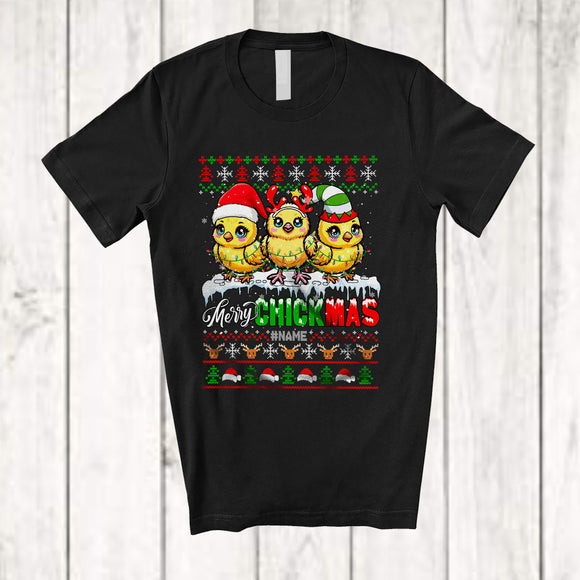 MacnyStore - Personalized Merry Chickmas; Lovely Christmas Sweater Three Chicks; Custom Name Farmer T-Shirt