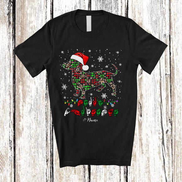 MacnyStore - Personalized Merry Christmas ASL; Lovely Custom Name Santa Dachshund Paws Shape; Sign Language T-Shirt