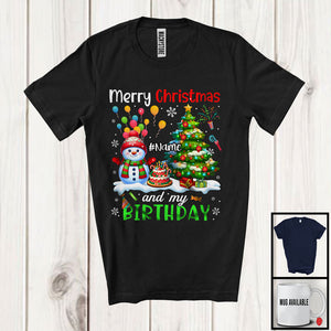 MacnyStore - Personalized Merry Christmas And My Birthday; Lovely X-mas Tree Custom Name Snowman T-Shirt