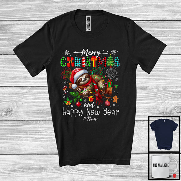 MacnyStore - Personalized Merry Christmas Happy New Year; Joyful Custom Name Lazy Sleeping Santa Sloth Lover T-Shirt