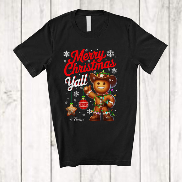 MacnyStore - Personalized Merry Christmas Yall; Cheerful Custom Name Gingerbread; X-mas Lights Family Group T-Shirt