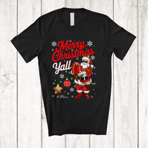 MacnyStore - Personalized Merry Christmas Yall; Cheerful Custom Name Santa; X-mas Lights Family Group T-Shirt