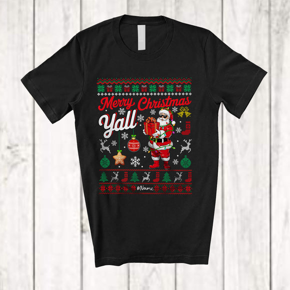 MacnyStore - Personalized Merry Christmas Yall; Cheerful Custom Name Santa; X-mas Sweater Lights Family T-Shirt