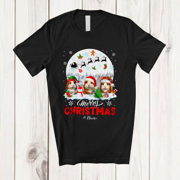 MacnyStore - Personalized Merry Christmas; Adorable Custom Name Three Santa Elf Reindeer Guinea Pig; Family T-Shirt