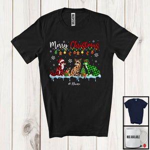 MacnyStore - Personalized Merry Christmas; Adorable X-mas Three Leopard Plaid Fox; Custom Name Animal T-Shirt