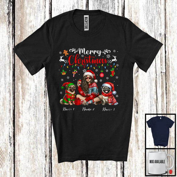 MacnyStore - Personalized Merry Christmas; Amazing X-mas Lights Custom Name Girl And Pug Owner; Family T-Shirt