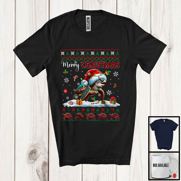 MacnyStore - Personalized Merry Christmas; Amazing X-mas Red Plaid Santa Turtle; Custom Name Sea Animal T-Shirt