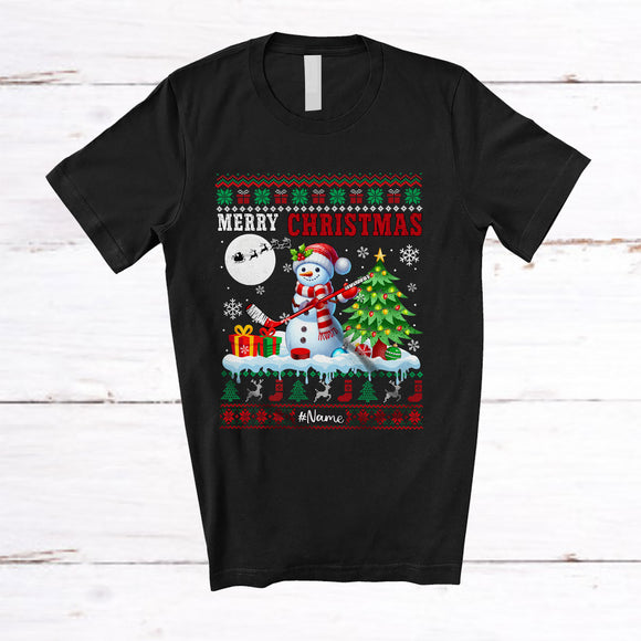 MacnyStore - Personalized Merry Christmas; Cheerful Sweater Custom Name Snowman Hockey; Outdoor Sport T-Shirt