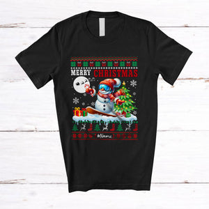 MacnyStore - Personalized Merry Christmas; Cheerful Sweater Custom Name Snowman Snowboarding; Sport T-Shirt