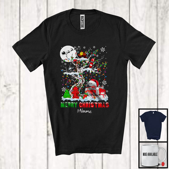 MacnyStore - Personalized Merry Christmas; Fantastic Custom Name Firefighter Tools On X-mas Tree Lights T-Shirt