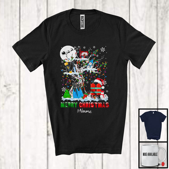 MacnyStore - Personalized Merry Christmas; Fantastic Custom Name Scuba Diver Tools On X-mas Tree Lights T-Shirt