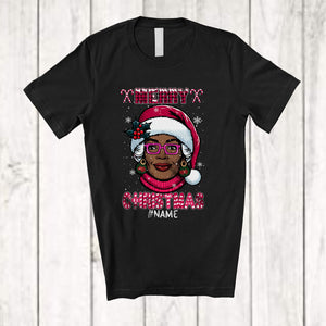 MacnyStore - Personalized Merry Christmas; Fantastic Custom Name Woman Afro Pink Santa; African Family T-Shirt