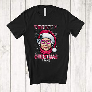 MacnyStore - Personalized Merry Christmas; Fantastic Custom Name Woman Pink Santa Glasses; African Family T-Shirt