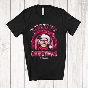 MacnyStore - Personalized Merry Christmas; Fantastic Custom Name Woman Pink Santa; Rainbow African Family T-Shirt