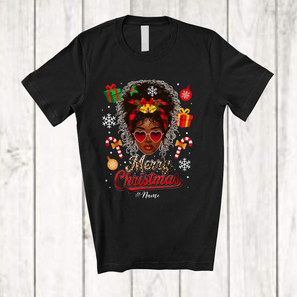 MacnyStore - Personalized Merry Christmas; Lovely Custom Name Afro Women Plaid Leopard Face; Black African T-Shirt