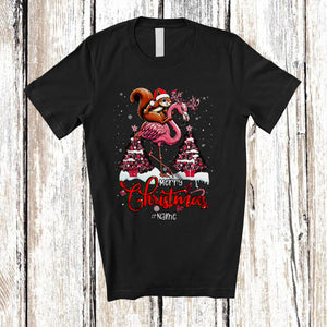 MacnyStore - Personalized Merry Christmas; Lovely Custom Name Santa Squirrel Riding Flamingo Reindeer T-Shirt