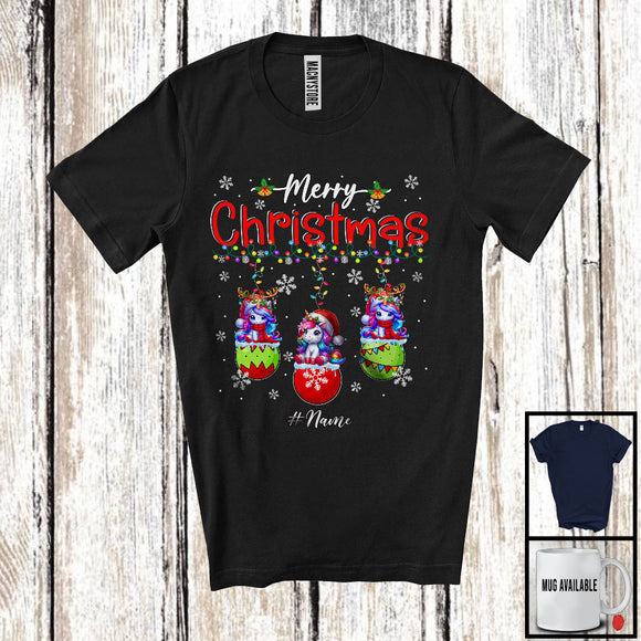 MacnyStore - Personalized Merry Christmas; Lovely Three Santa Unicorn In X-mas Socks; Custom Name Family T-Shirt