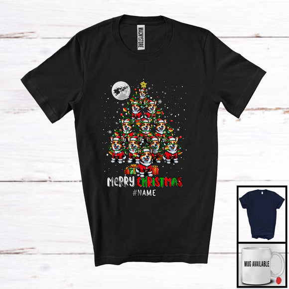 MacnyStore - Personalized Merry Christmas; Wonderful X-mas Tree Lights Santa Corgi; Custom Name Family T-Shirt