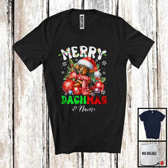 MacnyStore - Personalized Merry Dachmas; Lovely Christmas Santa Dachshund With Ornaments; X-mas Lights T-Shirt