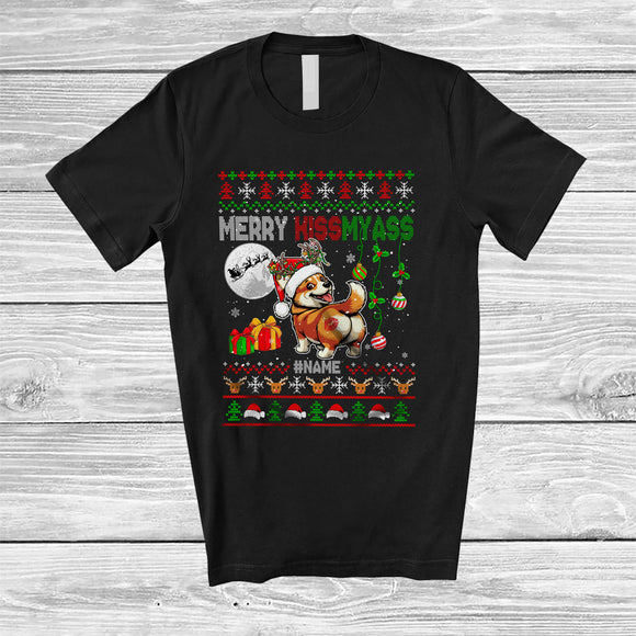 MacnyStore - Personalized Merry Kissmyass; Sarcastic Christmas Santa Reindeer Corgi Ass; Sweater Farmer T-Shirt