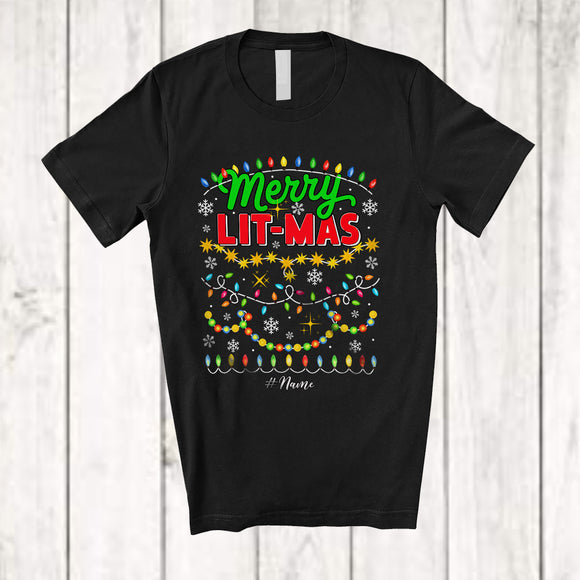 MacnyStore - Personalized Merry Lit-mas; Amusing Christmas Colorful Lights Snow; Custom Name Family T-Shirt