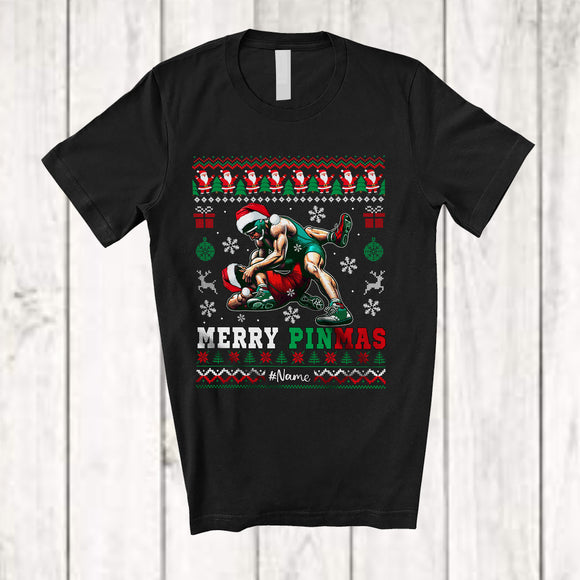 MacnyStore - Personalized Merry Pinmas; Awesome Christmas Sweater; Custom Name Santa Wrestling Fighter T-Shirt