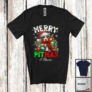 MacnyStore - Personalized Merry Pitmas; Lovely Christmas Santa Pit Bull With Ornaments; X-mas Lights T-Shirt