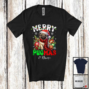 MacnyStore - Personalized Merry Pugmas; Lovely Christmas Santa Pug With Ornaments; X-mas Lights T-Shirt