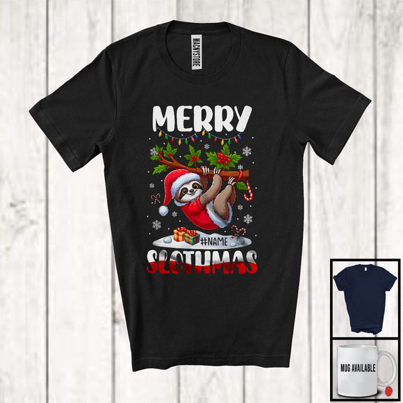 MacnyStore - Personalized Merry Slothmas; Lovely Christmas Lights Custom Name Santa Sloth; Wild Animal T-Shirt