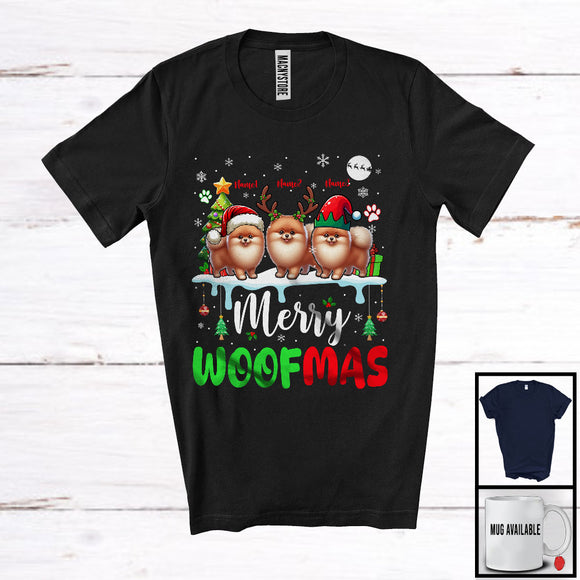 MacnyStore - Personalized Merry Woofmas; Awesome Christmas Custom Name Three Pomeranian Owner; Snow T-Shirt